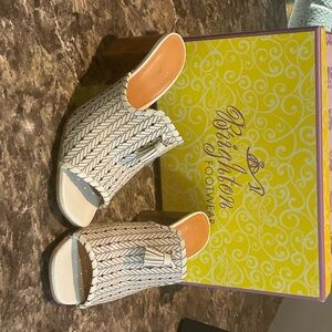 Brighton Women's Brown and Cream Herringbone Mules
